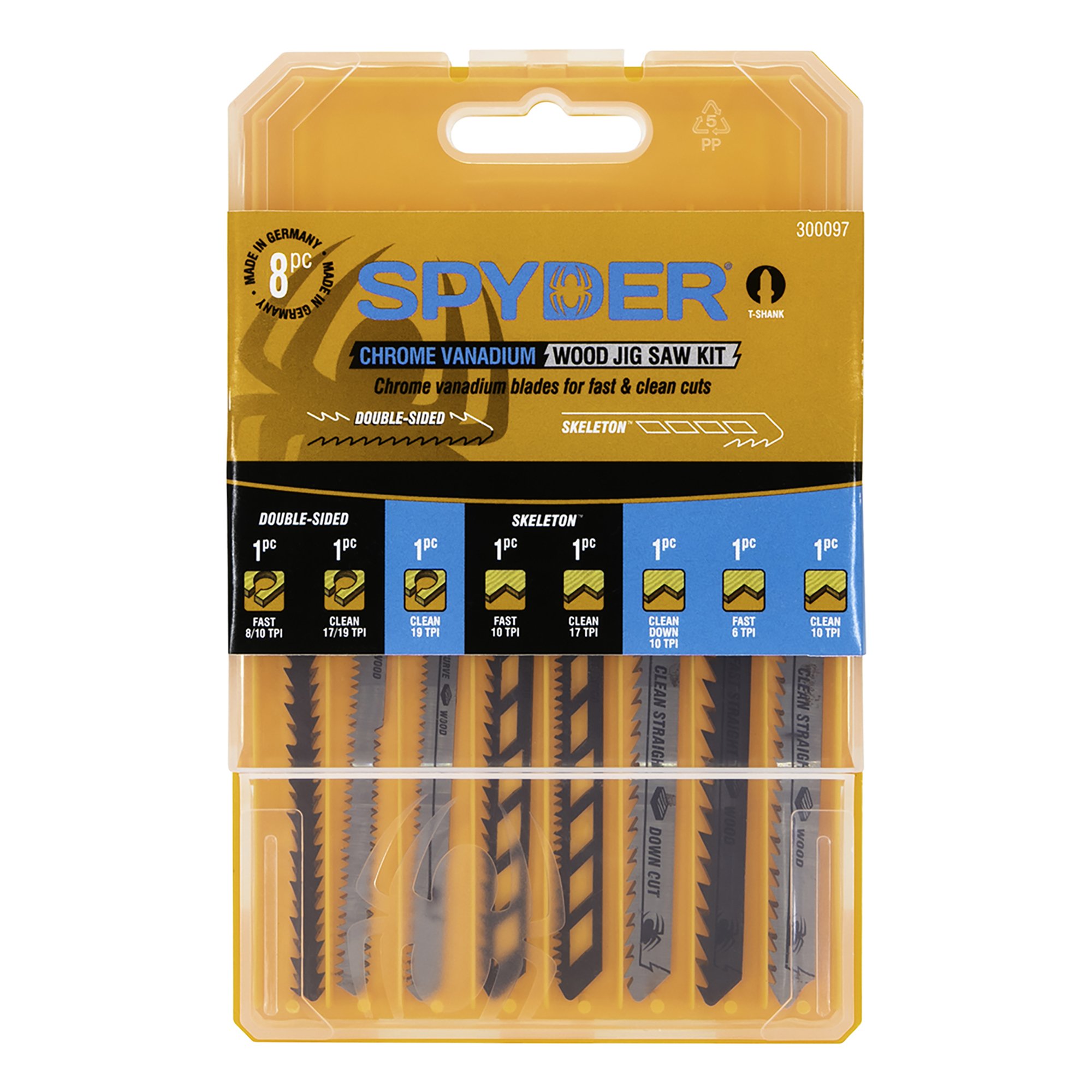 Spyder 8-Piece T-Shank High Carbon Steel Jigsaw Blade Set Spyder 8-Piece T-Shank High Carbon Steel Jigsaw Blade Set