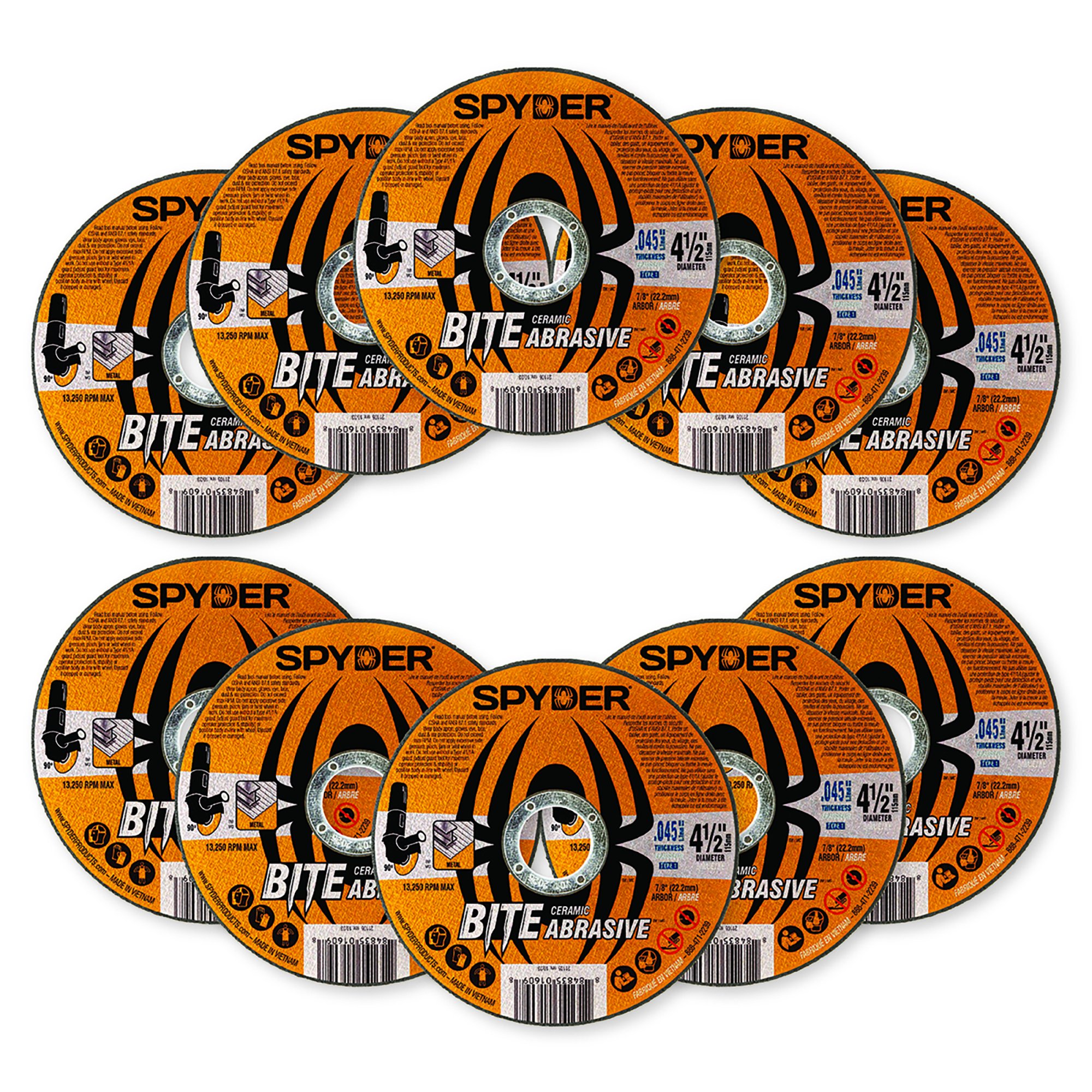 Sypder 4.5" Bonded Ceramic Cut-Off Wheel (Type 1, 7/8" Arbor) 10 Pack Sypder 4.5" Bonded Ceramic Cut-Off Wheel (Type 1, 7/8" Arbor) 10 Pack