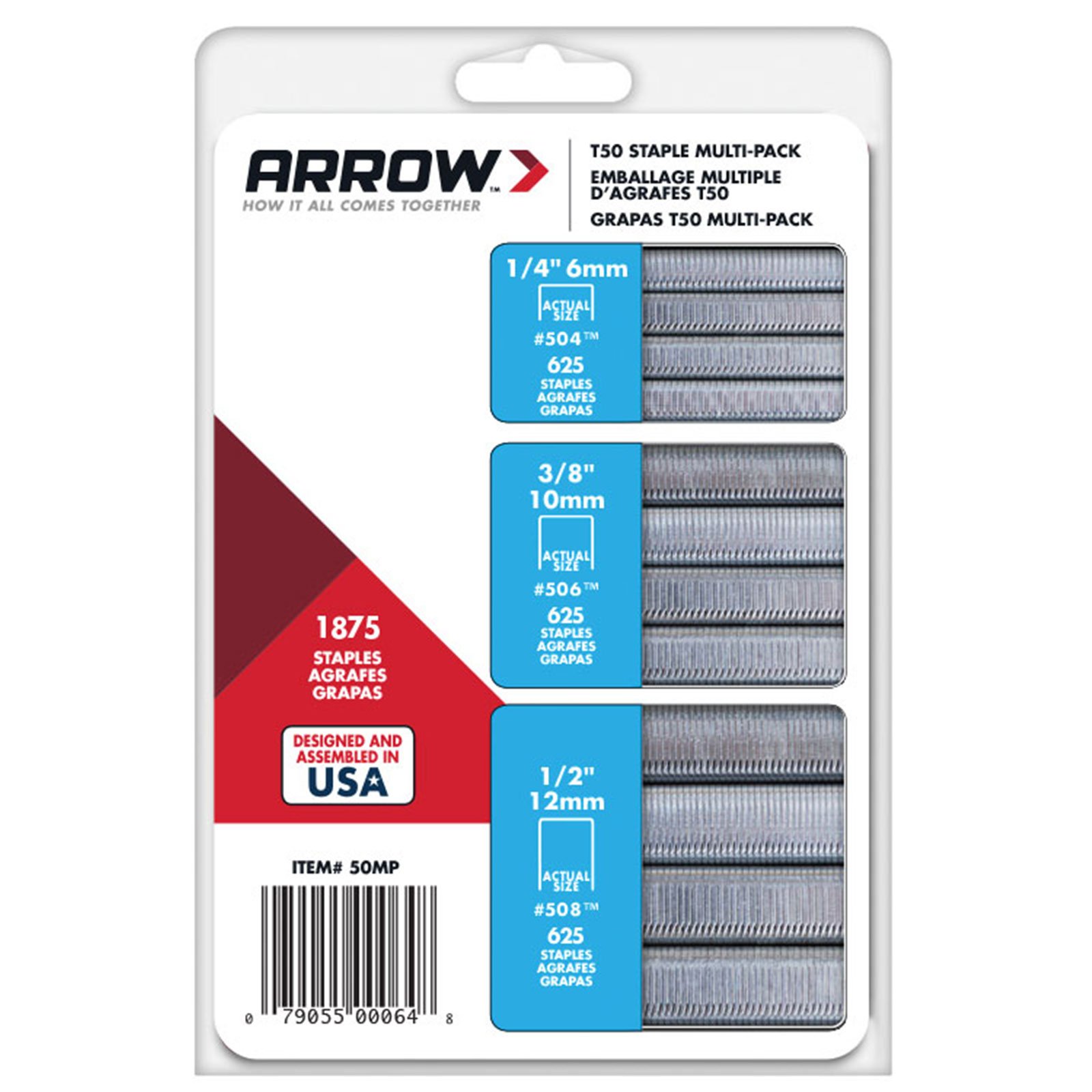 Arrow T50 Staple Multi Pack 6/10/12mm - 625 each (1875)
