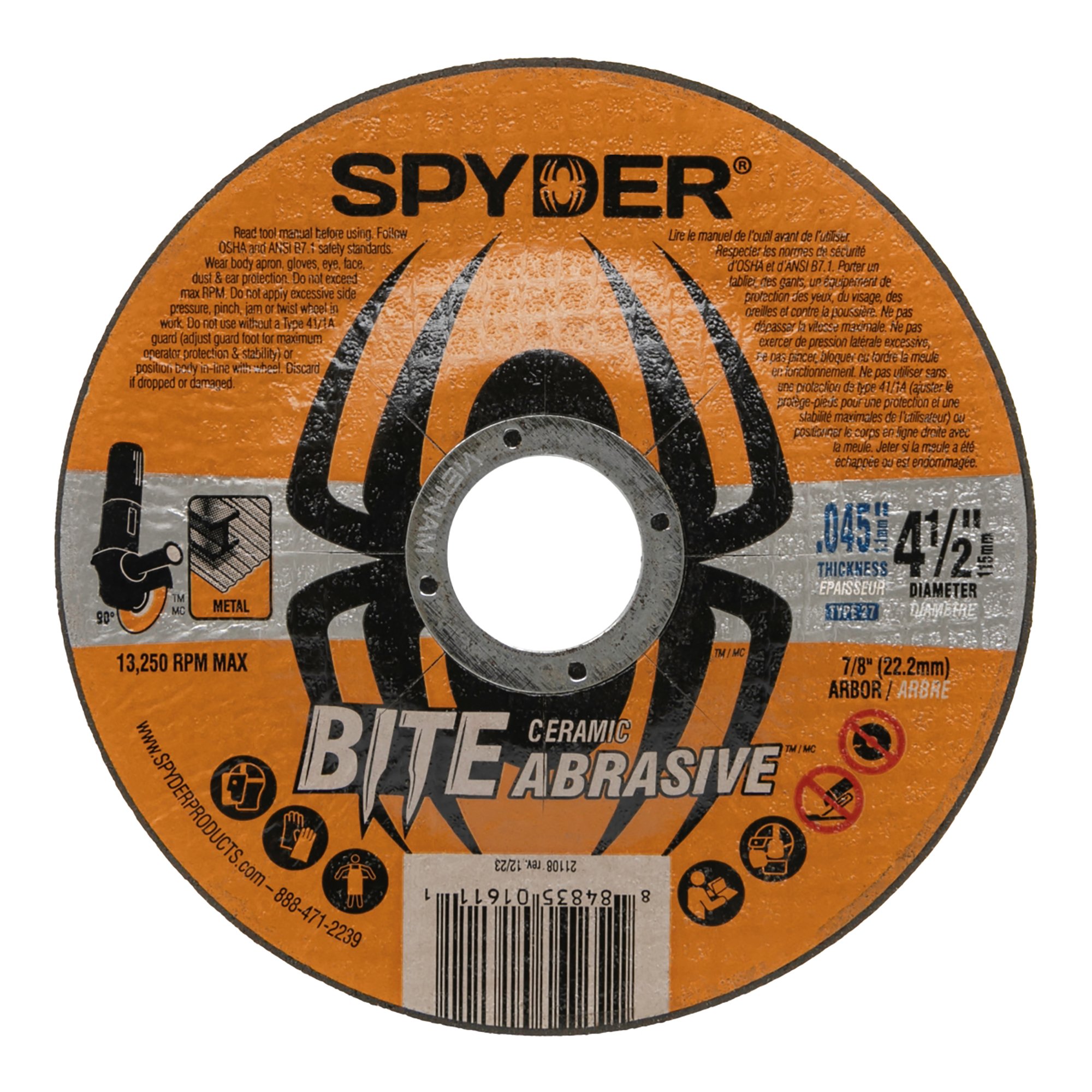 Spyder 4.5" Bonded Ceramic Cut-Off Wheel (Type 27, 7/8" Arbor) Spyder 4.5" Bonded Ceramic Cut-Off Wheel (Type 27, 7/8" Arbor)