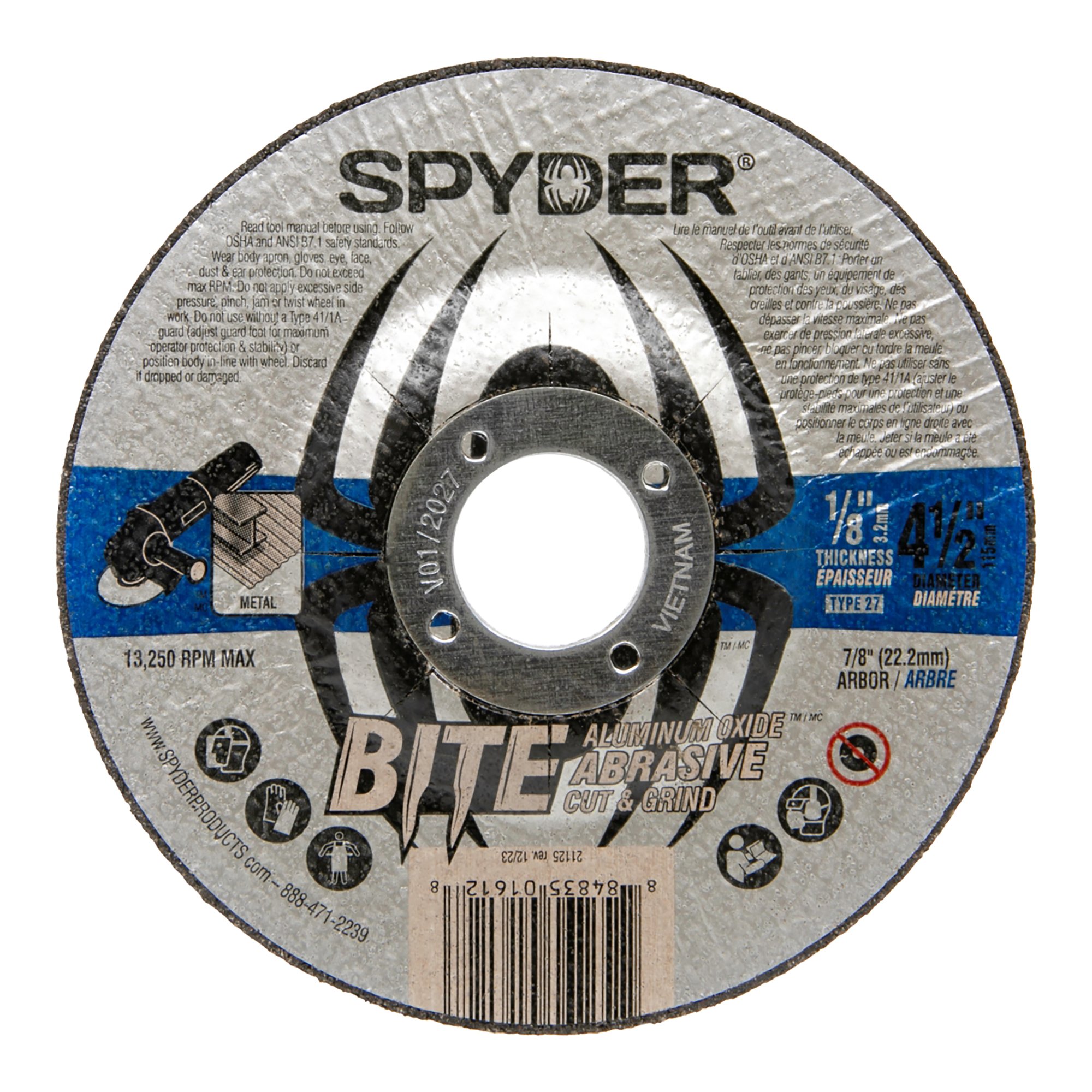 Spyder 4.5" Aluminium Oxide Cut & Grind Wheel (Type 27, 1/8" Thickness) Spyder 4.5" Aluminium Oxide Cut & Grind Wheel (Type 27, 1/8" Thickness)